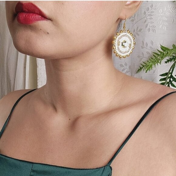 2/$27 | White + Gold Beaded Bohemian Indigenous Native Hoop Earrings | Handmade - Picture 4 of 10